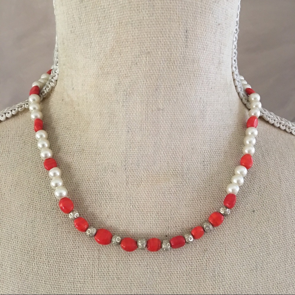 Vintage handcrafted pearl and carnelian choker necklace